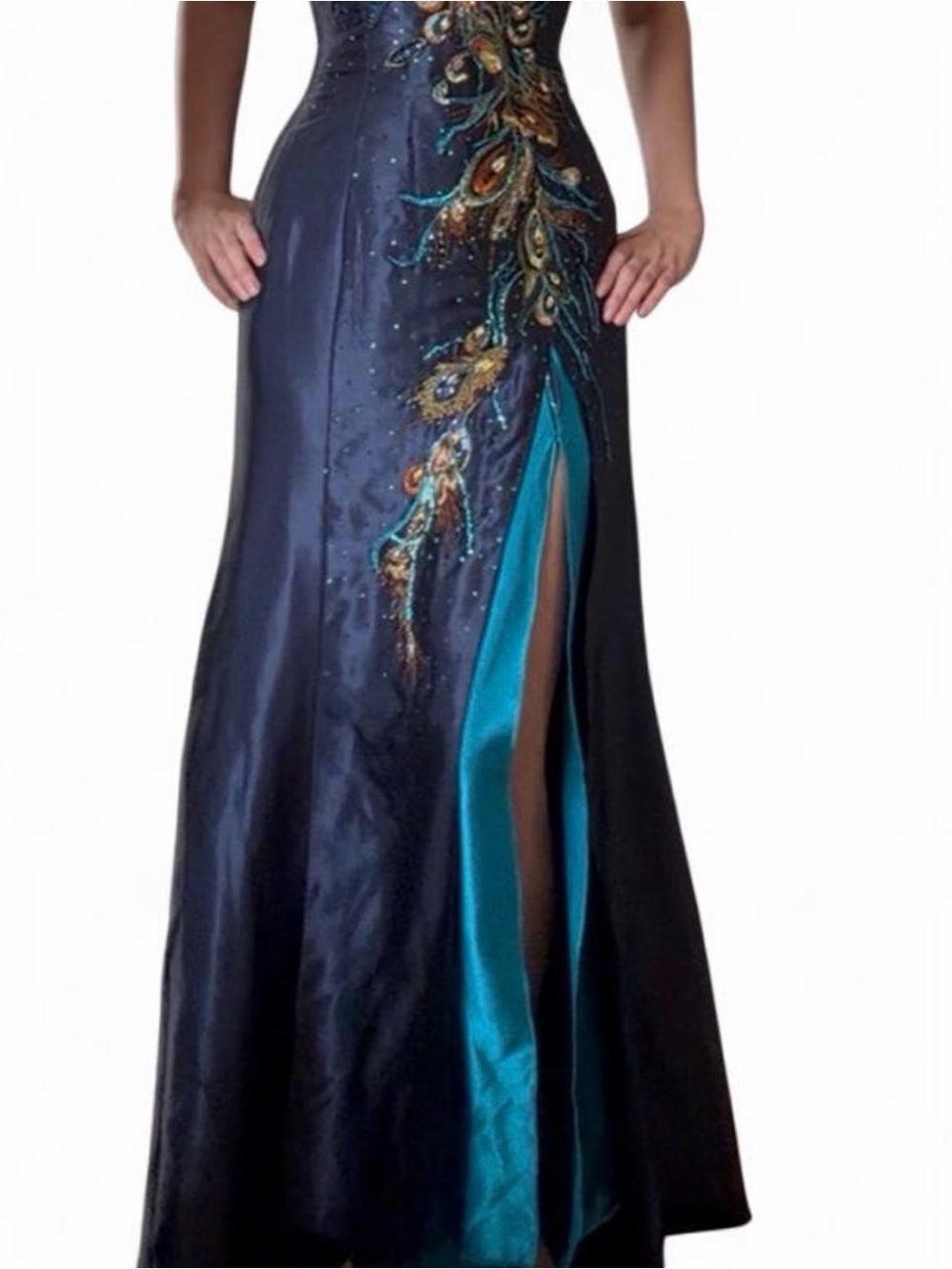 Vintage Tony Bowls Evenings Peacock Beaded Halter Gown sz 6 - Picture 3 of 8
